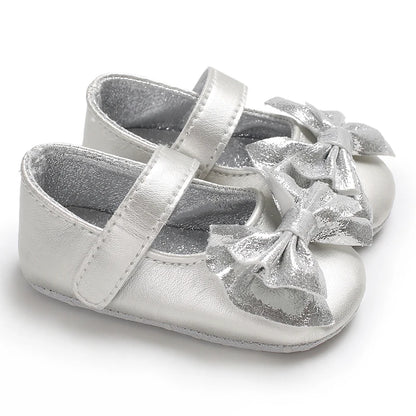 Silver Princess Shoes 0-18M Newborn Casual Shoes Baby Bow Non slip Cloth Bottom Flat Bottom PU Newborn Bow Decoration Mary Janes