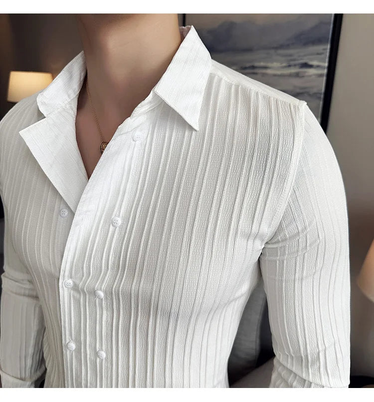 British Style Men Double Breasted Shirt 2023 Autumn New Long Sleeved Striped Slim Fit Shirts Formal Business Social Party Tuxedo