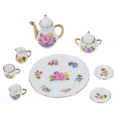 8Pcs 1:12 Dollhouse Miniature Dining Ware Porcelain Tea Set Dish Cup Plate