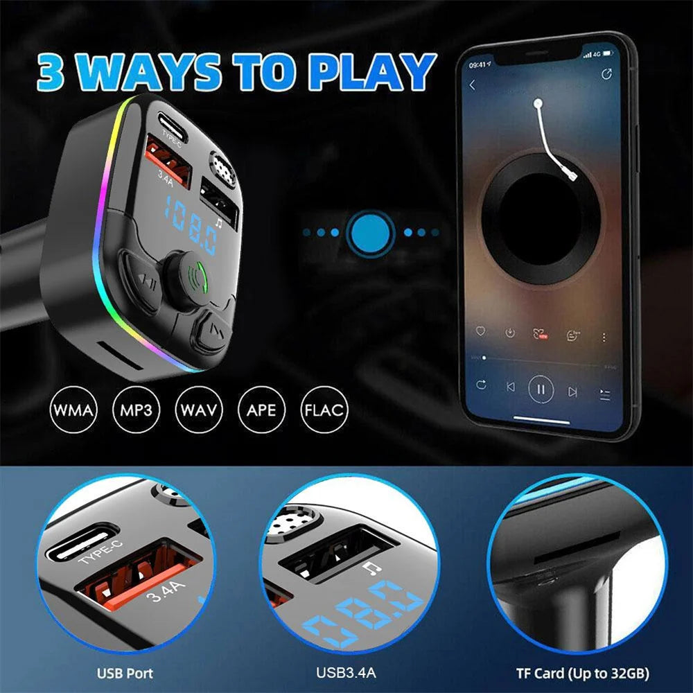 Bluetooth 5.0 Car FM Transmitter Type-C Dual USB Ambient Player MP3 Car Charger Type-C Wireless Light Phone Hands Free Car Radio