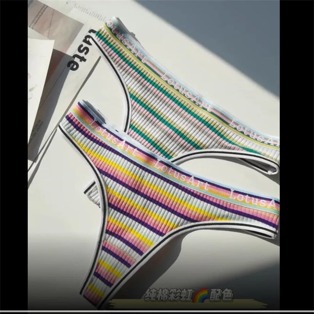 Women Spandex Seamless G String Thong Panty Colorful Striped Cotton Brief Sexy Ladies Lingerie