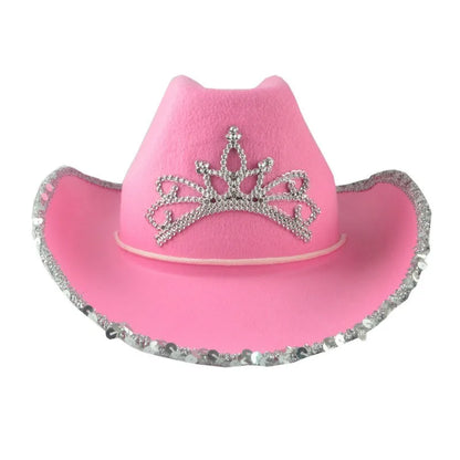 Pink Cowboy Hats for Women Girls Wide Brim Western Hats Y2K Glitter Crown Sequin Feather Caps Cowgirl Party Costume Accessories