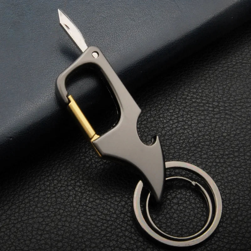 Creative Multifunctional Keychain for Men Unusual Design Carabiner Buckle with Bottle Opener Detachable Knife Portable Keyring