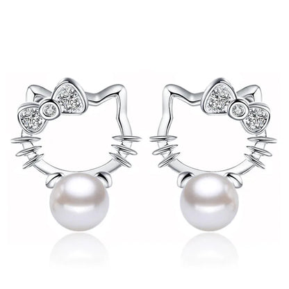 Boutique Real 925 Sterling Silver Cat Kitty Bowknot Pearl Jewelry Sets Necklace Stud Earrings Hot Sale Accessories JY106