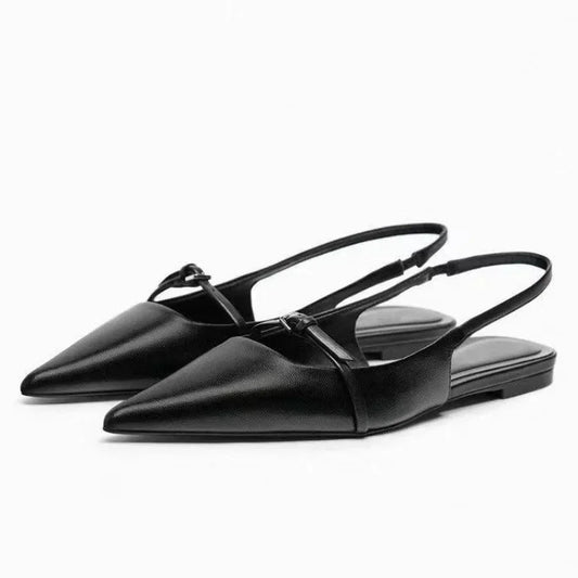 Women Slingback Flat Bottom Sandals Summer New Woman Black Leather Pointed End Female Ballet Shoes Fashion Low Heel Beach Shoes