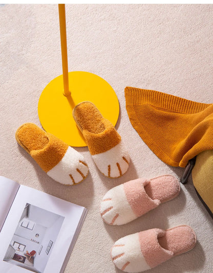 Winter Warm Plush Slippers Cute Cat Paw Designer House Women Fur Slippers Floor Mute Bedroom Lovers Indoor Fluffy Shoes2024