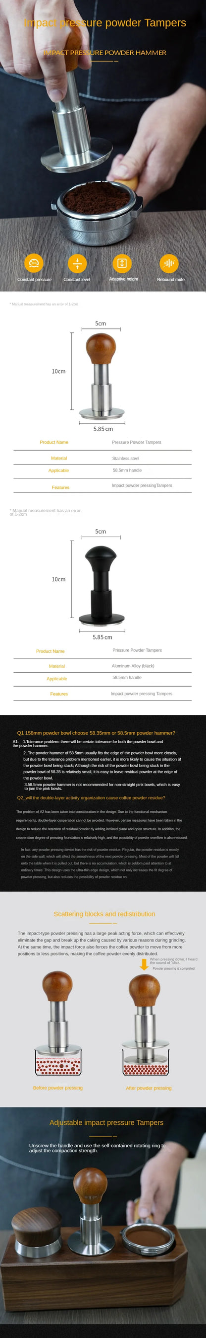 ITOP HIT Impact Force Powder Hammer 51/53/58mm Adjustable Pressure Force Tamper Stainless Steel Coffee Tamper Hammer Tools