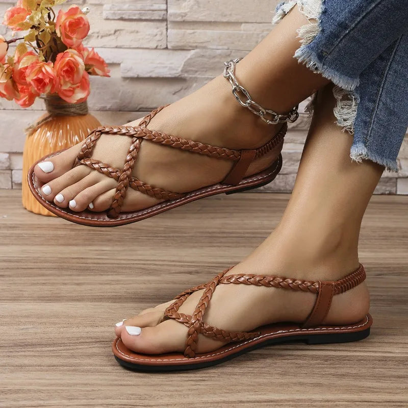 Flat Sandals, New Summer 2024 Solid Color Woven Herculean Flip-toe Sandals, Women Wear Beach Sandals