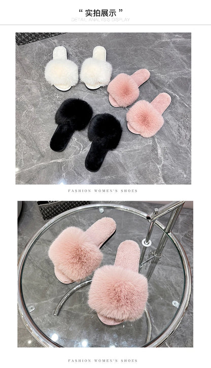 New Woman Slippers Winter Simple Word Fur Flats Soft Home Women Slippers Faux Fur Warm Bedroom Leisure Female Shoes