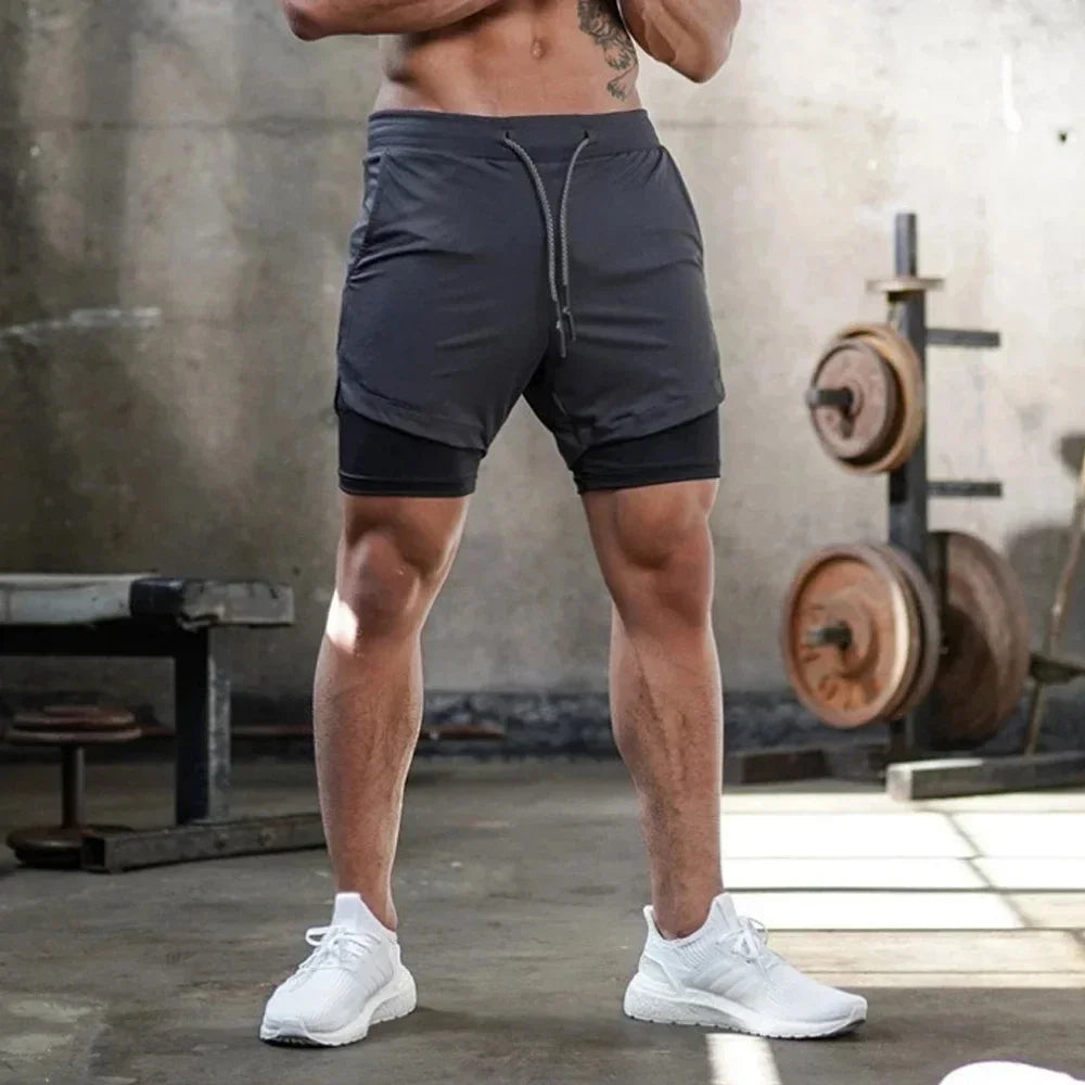 Summer Men's 2-in1 Compression Shorts Double Layer Quick Dry Leggings Gym Fitness Running Jogging Shorts Elastic Casual Trousers