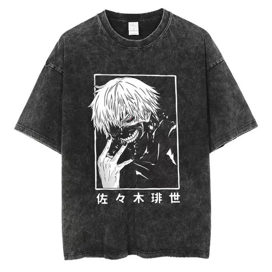 Anime Tokyo Ghoul Harajuku Japanese Anime Streetwear Graphic Shirts Summer Short Sleeve Cotton Tshirt Print Vintage Washed Shirt