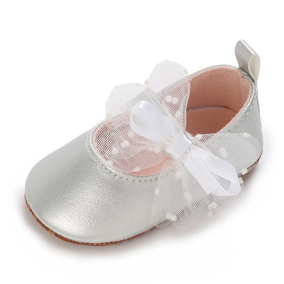 Silver Princess Shoes 0-18M Newborn Casual Shoes Baby Bow Non slip Cloth Bottom Flat Bottom PU Newborn Bow Decoration Mary Janes