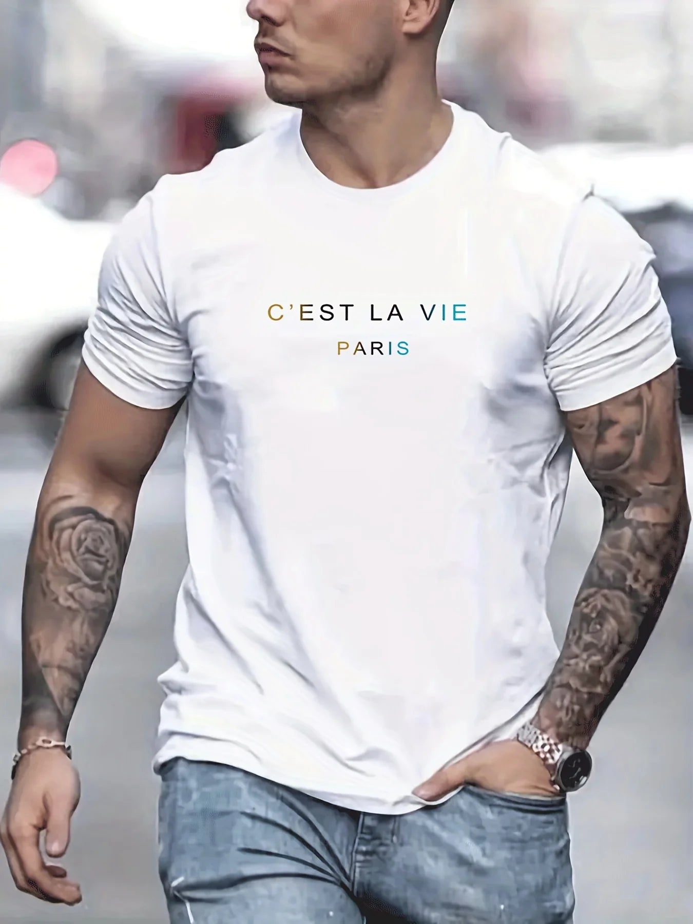 Men's Summer Loose Fit  100 Polyester cest La Vie PrintT-shirt Tops