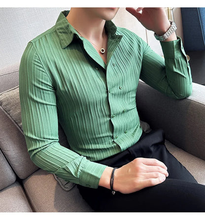 British Style Men Double Breasted Shirt 2023 Autumn New Long Sleeved Striped Slim Fit Shirts Formal Business Social Party Tuxedo