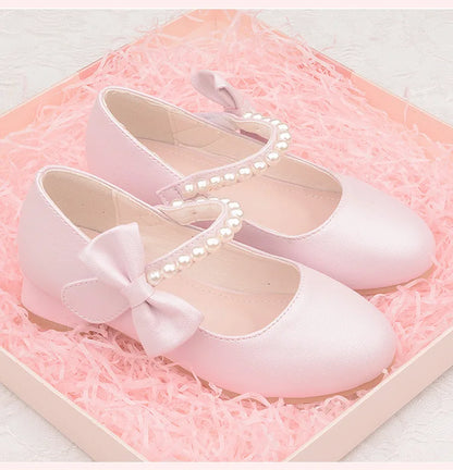 White Bow Spring and Autumn Girls High Heel Princess Shoes Pearl Tide Pumps