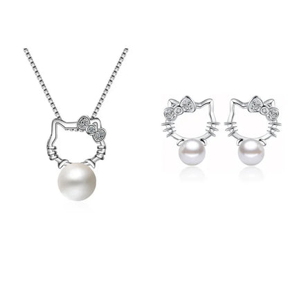 Boutique Real 925 Sterling Silver Cat Kitty Bowknot Pearl Jewelry Sets Necklace Stud Earrings Hot Sale Accessories JY106