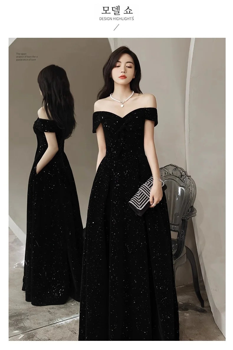 2024 New Arrival Starry Sky Velvet off-Shoulder Black Host Evening Dress Dress Banquet Temperament Winter Long