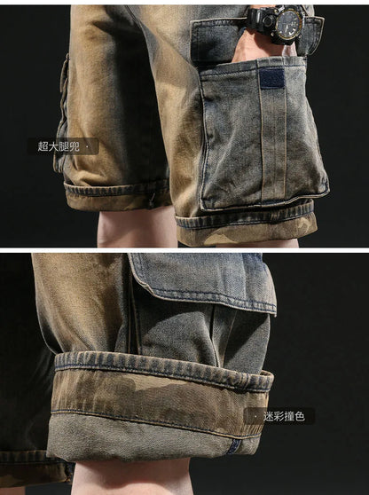 Men's Wide-leg Denim Shorts Multi Pocket 7 Point Work Cargo Jeans Shorts Fat Plus Size Denim Shorts Male