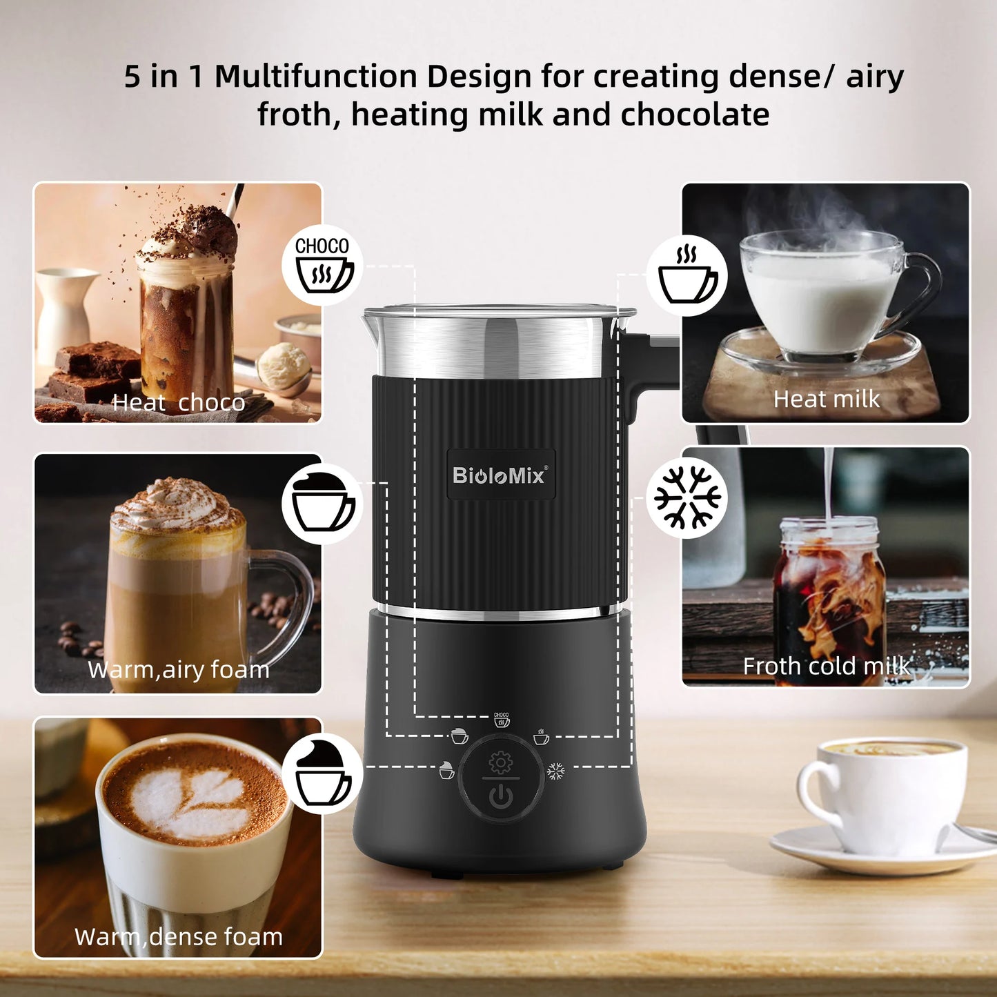 BioloMix Detachable Milk Frother and Steamer,5-in-1 Automatic Hot/Cold Foam and Hot Chocolate Maker,Dishwasher Safe