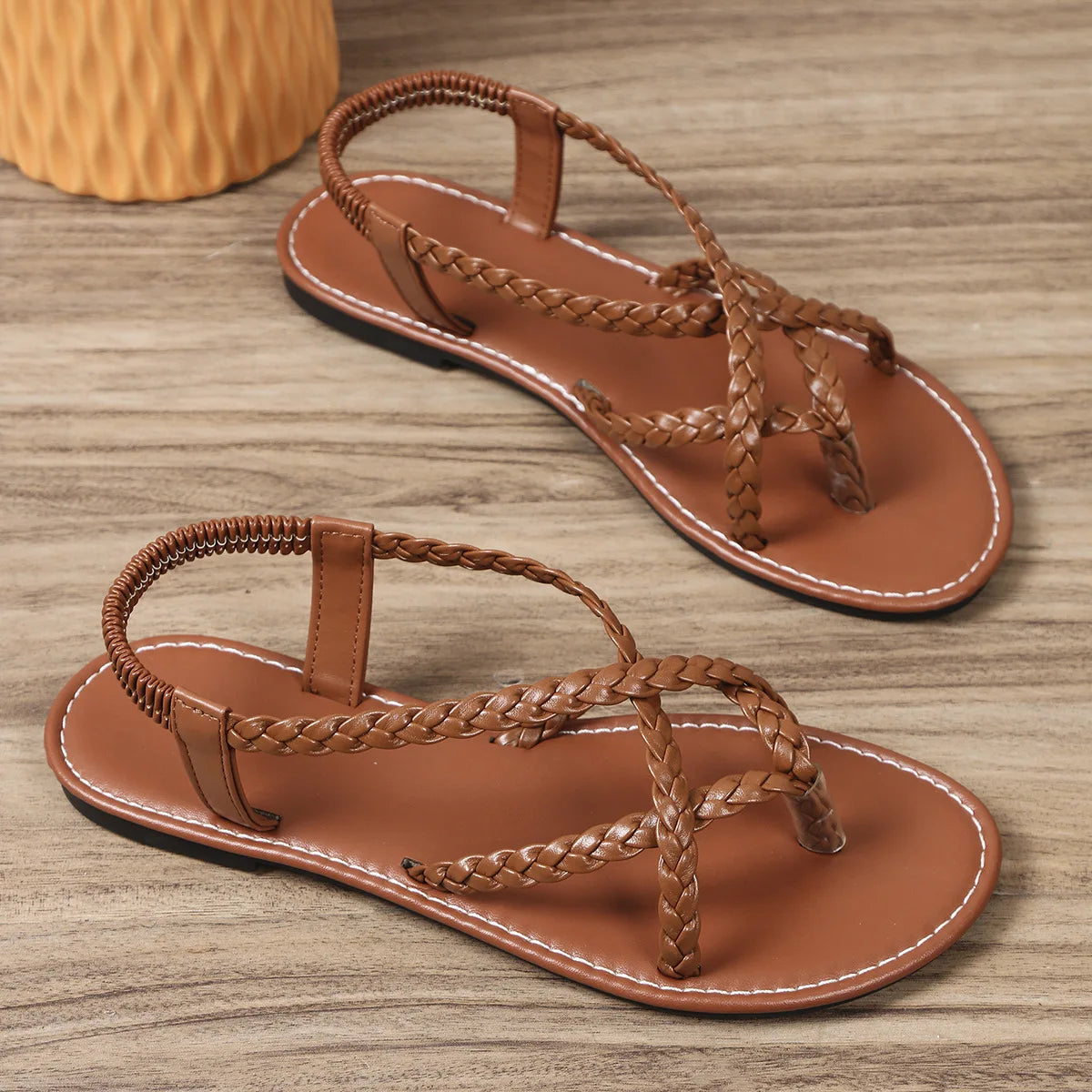 Flat Sandals, New Summer 2024 Solid Color Woven Herculean Flip-toe Sandals, Women Wear Beach Sandals