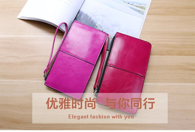 Women's Vintage Oil Wax Leather Zipper Clutch Wallet Female Large Capacity Coin Purse Ladies Wristband Simple Card Holder Wallet