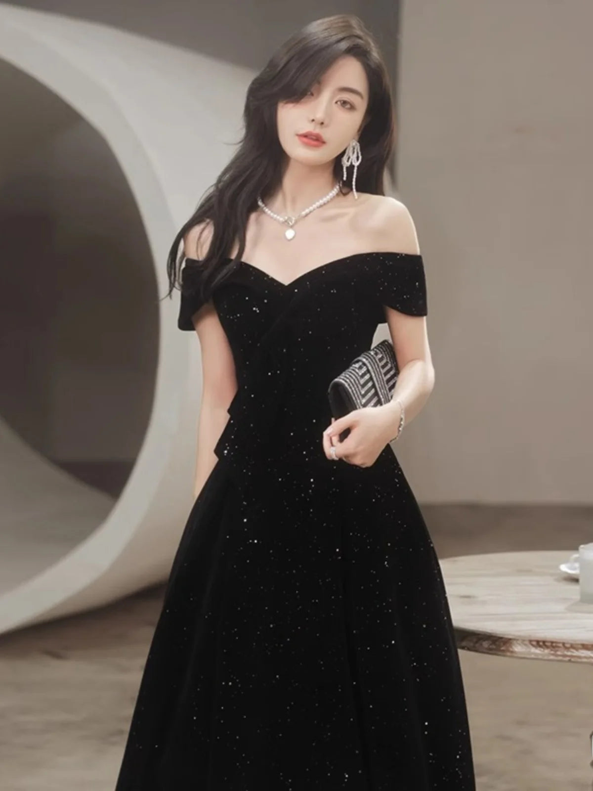 2024 New Arrival Starry Sky Velvet off-Shoulder Black Host Evening Dress Dress Banquet Temperament Winter Long