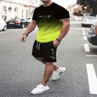 Summer beach 3D printed men's T-shirt suit gradient sportswear fitness plus size clothing two-piece round neck T-shirt shorts