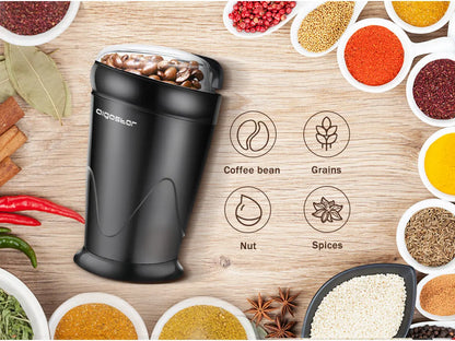 Electric Coffee Grinder with Stainless Steel Blade, Capacity 60Gr, Coffee Grinder for Spices, Seeds, Grains, Nuts, with Cleaning Brush, 200W, Black