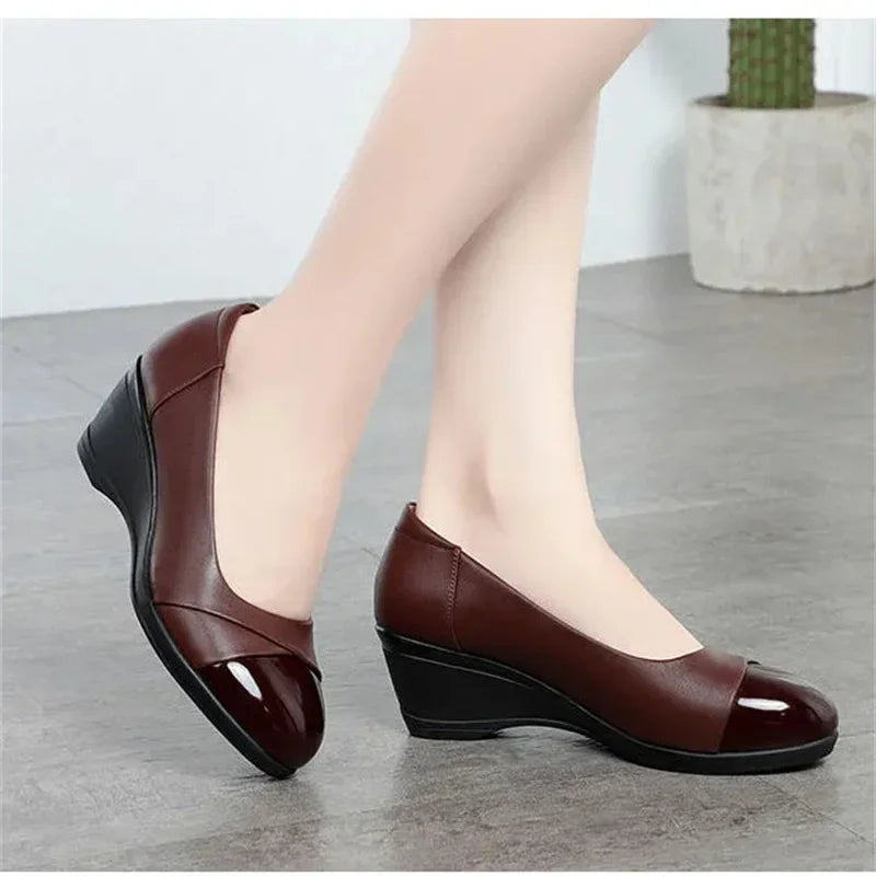 Women Fashion Light Weight Wedge Heel Comfort Spring & Autumn Shoes Lady Casual Sweet Home & Outside Black Leather Pumps E1419