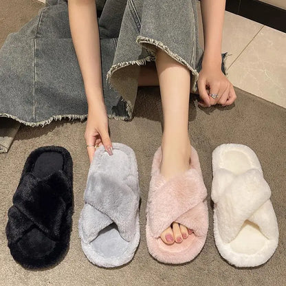 Casual Fluffy Slippers Women House Flats Plush Designer Platform Winter Shoes Girls Elegant Warm Home Fashion Popular Footwear