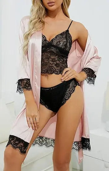 Women's Satin Pajama Set 4pcs Floral Lace Trim Cami Lingerie Sleepwear with Robe Sleepwear Lace Cami Shorts Loungewear Pink