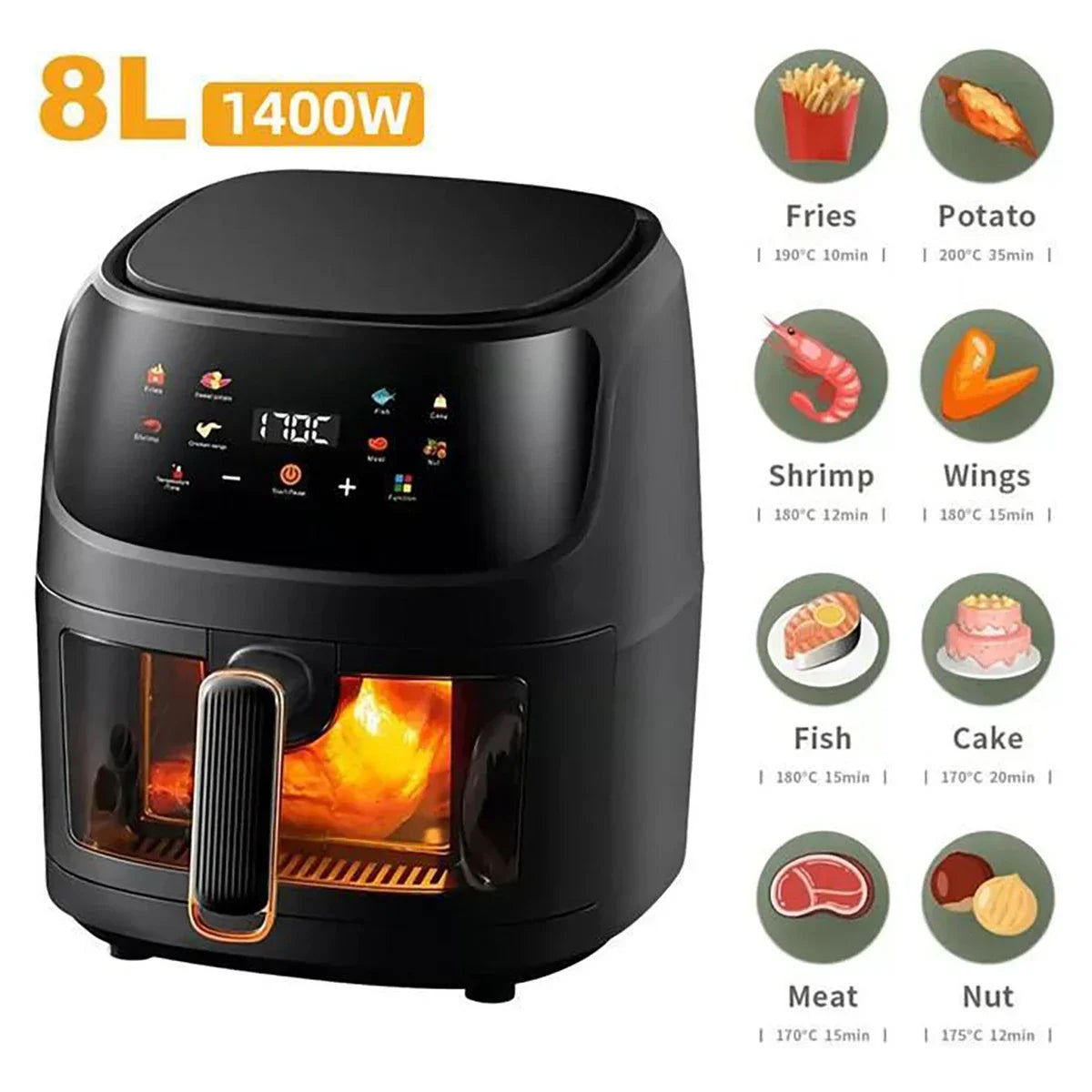 1400W 8L Air Fryer Without Oil Household Programmable Smart LED Touch AirFryer Thermal Cycle Oven Cooker French Fries Chicken