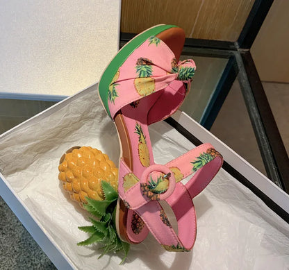 Summer Pink Pineapple Print Open-toe Platform Sandals Sweet Women High-heel Buckle Strappy Women Shoes Lovely Sandalias Mujer