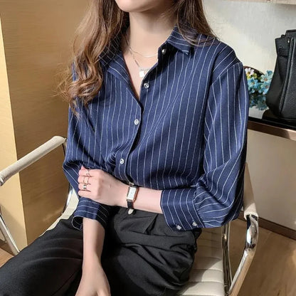 Striped Shirt Women Summer Vintage Chic Loose Long Sleeve Top Y2K Office Ladies Fashion Casual Turn Down Collar All Match Blouse