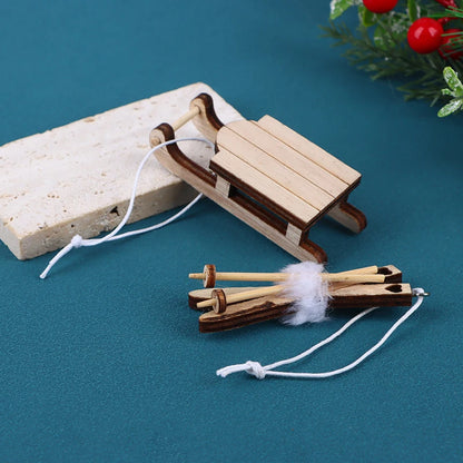 1PC Dollhouse Miniature Sleigh Sled Ski Poles Pendant Dollhouse Christmas Scene Decoration Dolls House Xmas Accessories