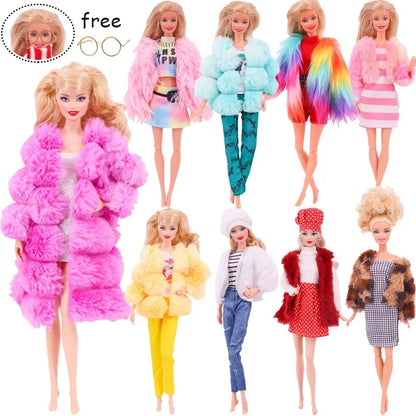 30CM&11.8Inch Doll Clothes Plush Coat + Dress+Hat ,T-shirt Set Suitable Fashion Outfit Casual Clothing Free Glasses Gift