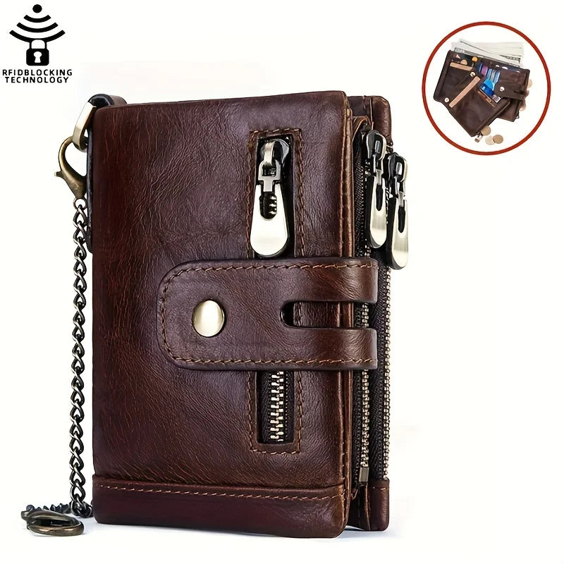 100% Genuine Leather RFID Men Cowhide Wallets Coin Purse Small Mini Card Holder Chain PORTFOLIO Portomonee Male Wallet Pocket