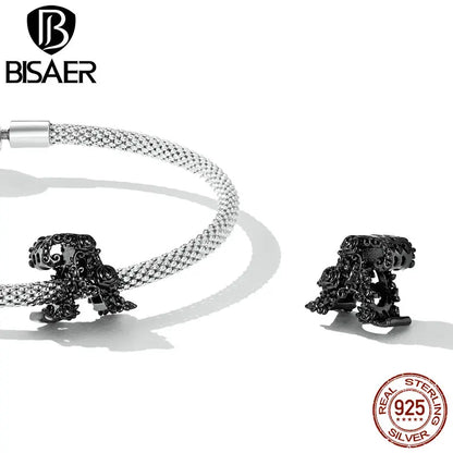 BISAER 925 Sterling Silver Retro Dark Skull Heart Charm Rose Plated Black Gold Beads Fit DIY Bracelet Necklace Fine Jewelry