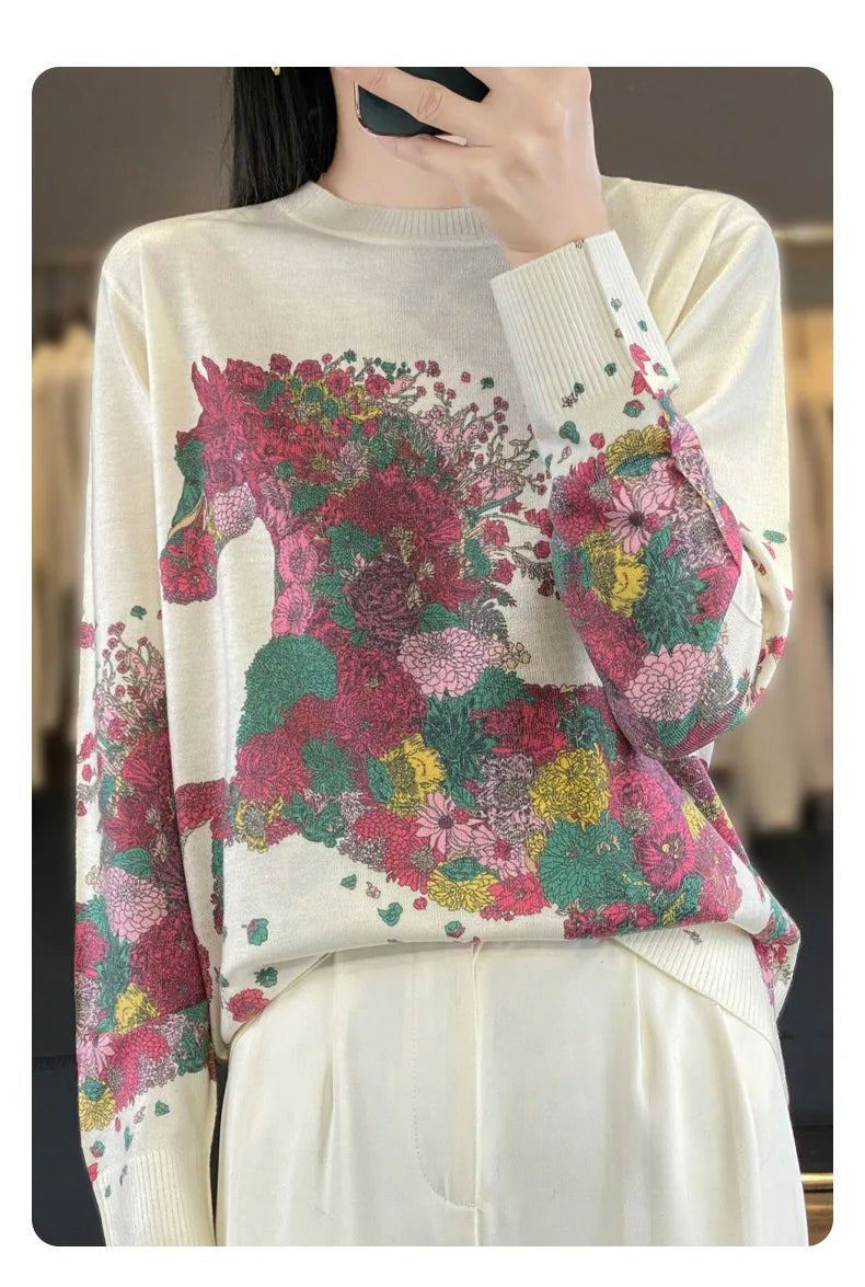 Autumn And Winter New Worsted Wool And Mulberry Silk Printed Round Neck Sweater Fashion Joker Knit Loose Bottoming Shirt Top