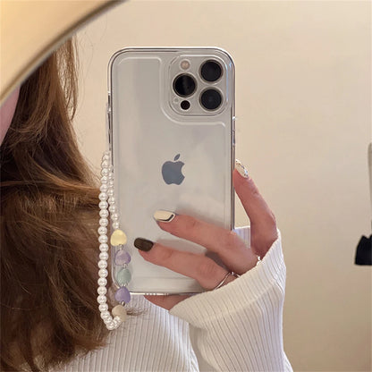 Korea Cute Pearl Heart Bracelet Transparent Phone Case For iPhone 15 14 13 12 11 Pro Max X XR 7 8 Plus SE3 Shockproof Soft Cover