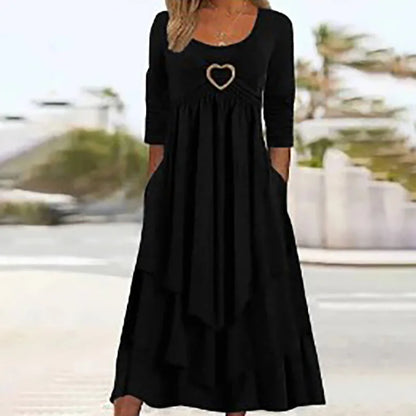 Elegant Office Women Patchwork Pockets Midi Dress Round Neck Basic Solid Long Sleeve Dress Lady Casual Summer Ruffles Club Dress