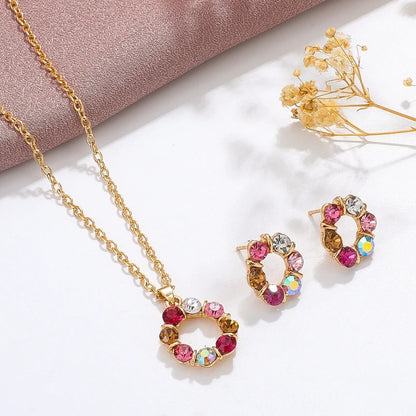 3pcs Gold Necklace Earrings Set Ladies Celebrity Simple Fashion Style Exquisite Stained Glass Diamond Circle Shape Jewelry