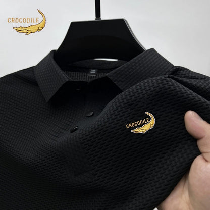 Summer Men's Embroidered CROCODILE Silk Hollow Knitted Short Sleeved Polo Shirt Korean Luxury Fashion Casual Breathable Top