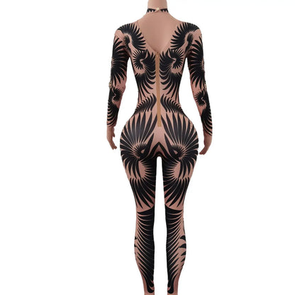 Sparkly Stone Feather Print Jumpsuit Women Sexy Birthday Party Bodysuit Prom Dresses Pole Dancer Performance Costume Feibiao