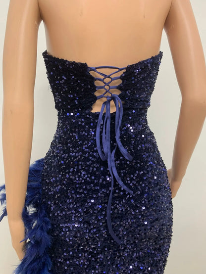 Women Evening Dresses Asymmetrical Shiny Sequins Feather Cocktail Party Dress Sexy Strapless Long Formal Prom Dresses Xiny189