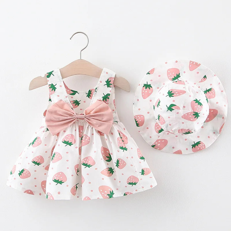 Baby Dress 2024 Summer New Girl's Sweet Bow Dress Children's Strawberry Print Small Fresh Casual Dress+Hat Children's Wear