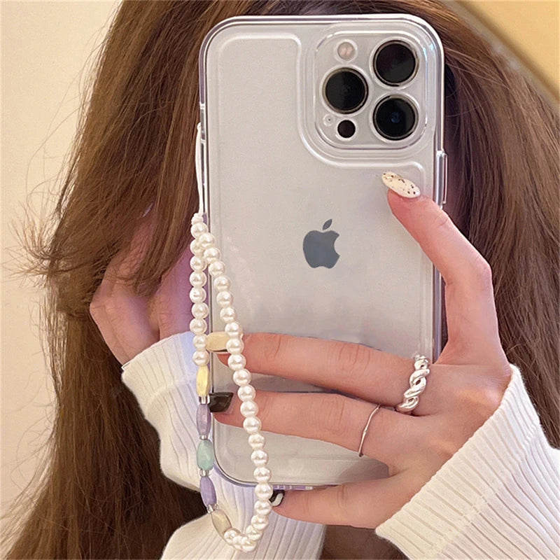 Korea Cute Pearl Heart Bracelet Transparent Phone Case For iPhone 15 14 13 12 11 Pro Max X XR 7 8 Plus SE3 Shockproof Soft Cover