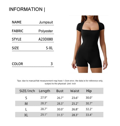 Women's Short Sleeve Jumpsuit Stretchy Square Neck Sexy Hottie Jumpsuit Solid Colour Pullover Sexy Jumpsuit Female