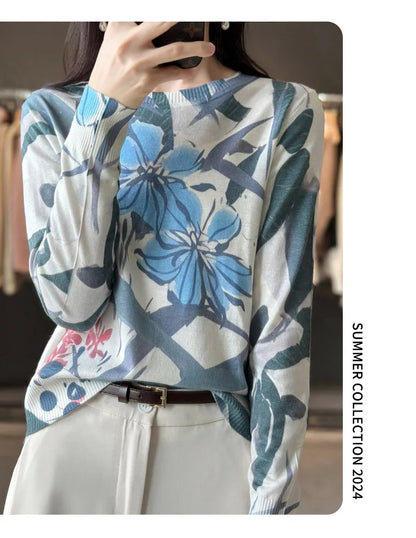 Autumn And Winter New Worsted Wool And Mulberry Silk Printed Round Neck Sweater Fashion Joker Knit Loose Bottoming Shirt Top