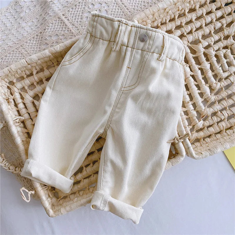 Kids Jeans Pant Casual Trousers For Boys Girls High Waist Solid Warm Out Jeans Children's Pants Autumn Spring 9M-4Years